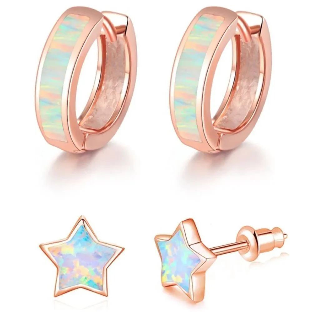 14K Rose Gold with Genuine White Fire Opal Huggie Star Stud Earrings Set of 2